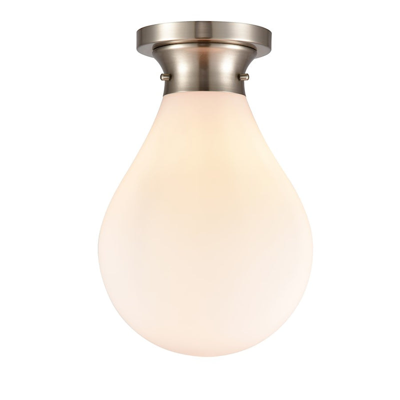 Innovations Genesis 14.75in 1-Light LED Flush Mount | Contemporary Satin Nickel Steel and White Glass Globe | Bedroom & Hallway | Model 414-1F-SN-10W-LED