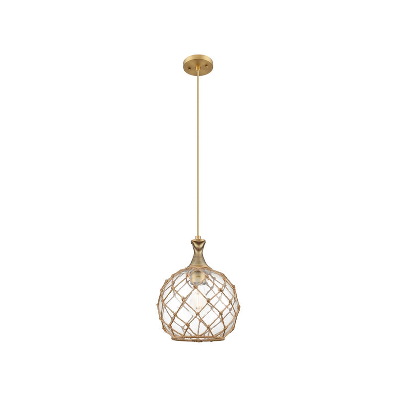 Innovations Astor 10in 1-Light Mini Pendant | Brushed Brass and Clear Glass with Brown Rope | Kitchen Island & Dining | Model 415-1P-BB-G122-10RB