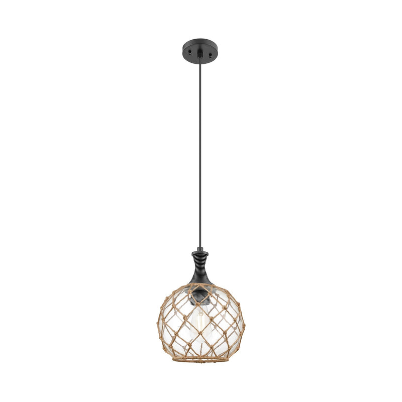 Innovations Astor 10in 1-Light Mini Pendant | Matte Black and Clear Glass with Brown Rope | Kitchen Island & Dining Room | Model 415-1P-BK-G122-10RB