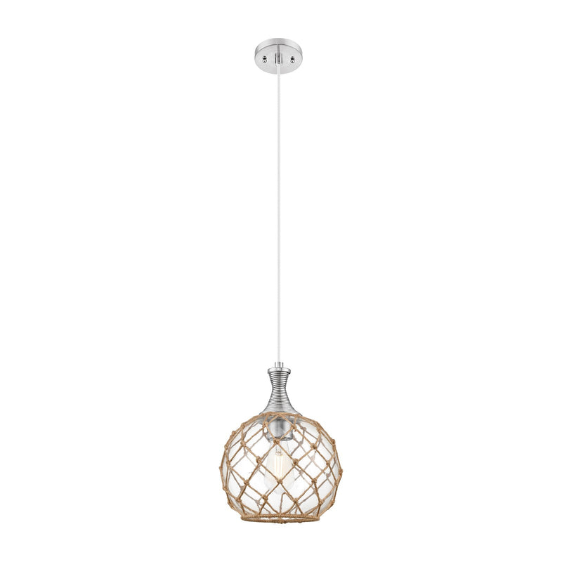 Innovations Astor 10in 1-Light Mini Pendant | Brushed Satin Nickel and Clear Glass Brown Rope | Kitchen Island & Dining | Model 415-1P-SN-G122-10RB