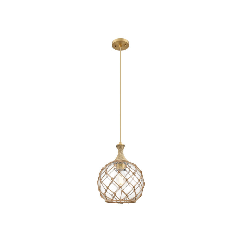Innovations Astor 10in 1-Light Mini Pendant | Brushed Brass and Clear Glass with Brown Rope | Kitchen Island & Dining | Model 415-1PR-BB-G122-10RB