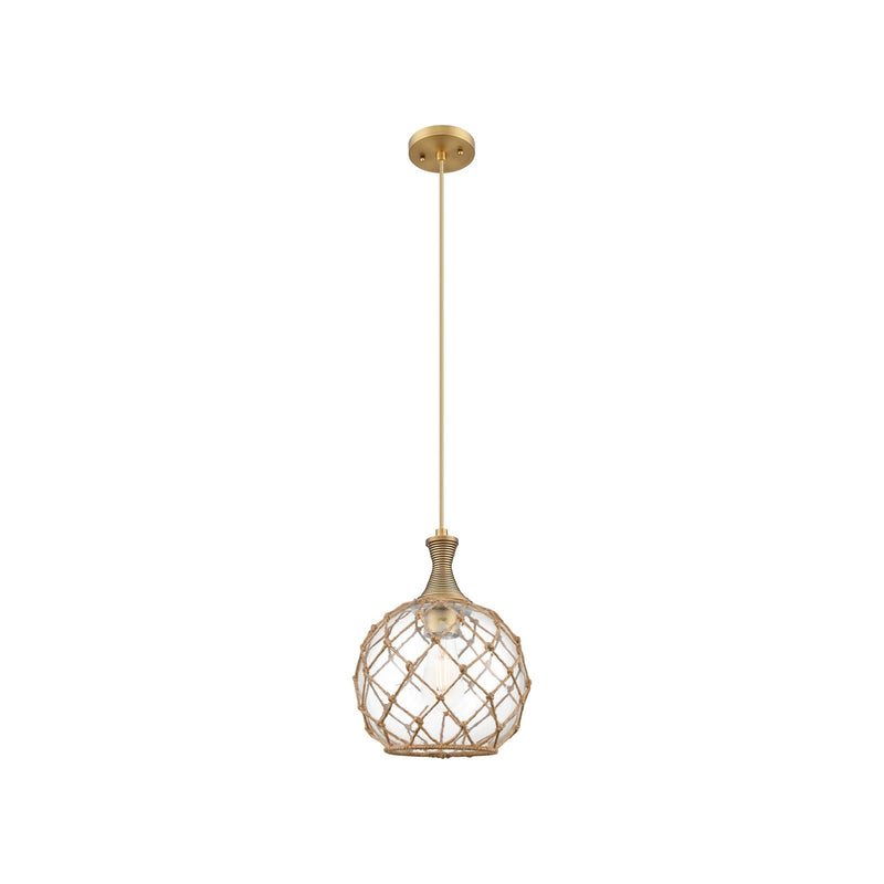 Innovations Astor 10in 1-Light Stem Hung Mini Pendant | Brushed Brass and Clear Glass Brown Rope | Kitchen Island | Model 415-1S-BB-G122-10RB