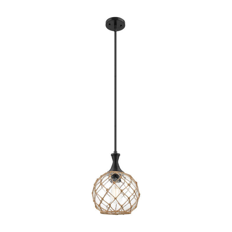 Innovations Astor 10in 1-Light Stem Hung Mini Pendant | Matte Black and Clear Glass Brown Rope | Kitchen Island & Dining | Model 415-1S-BK-G122-10RB