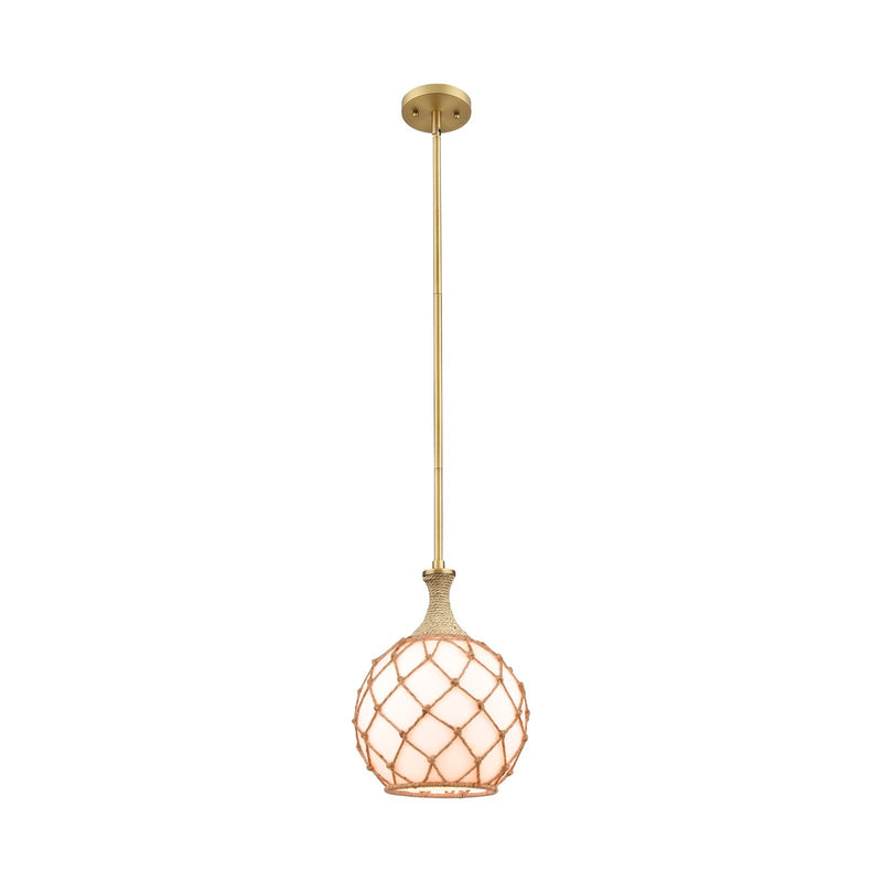 Innovations Astor 10in 1-Light Mini Pendant | Industrial Brushed Brass and Matte White Glass with Brown Rope | Kitchen | Model 415-1SR-BB-G121-10RB