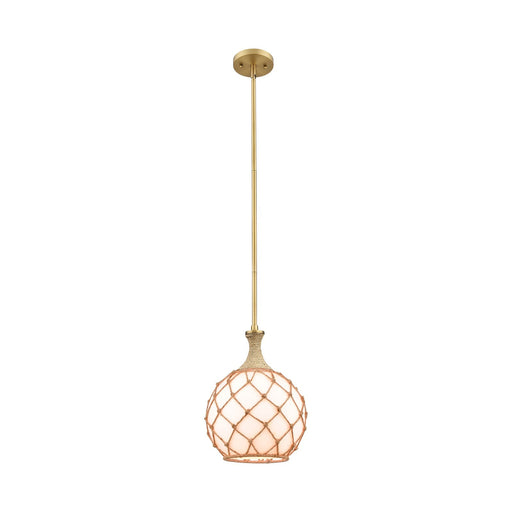 Innovations Astor 10in 1-Light Mini Pendant | Industrial Brushed Brass and Matte White Glass with Brown Rope | Kitchen | Model 415-1SR-BB-G121-10RB