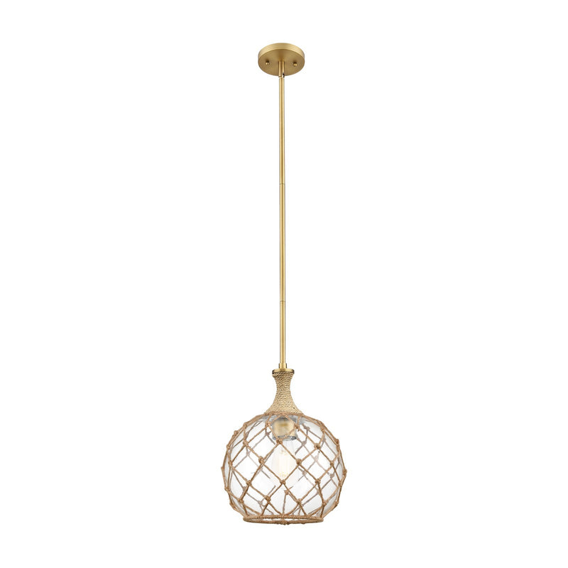 Innovations Astor 10in 1-Light Mini Pendant | Industrial Brushed Brass and Clear Glass with Brown Rope | Kitchen Island | Model 415-1SR-BB-G122-10RB