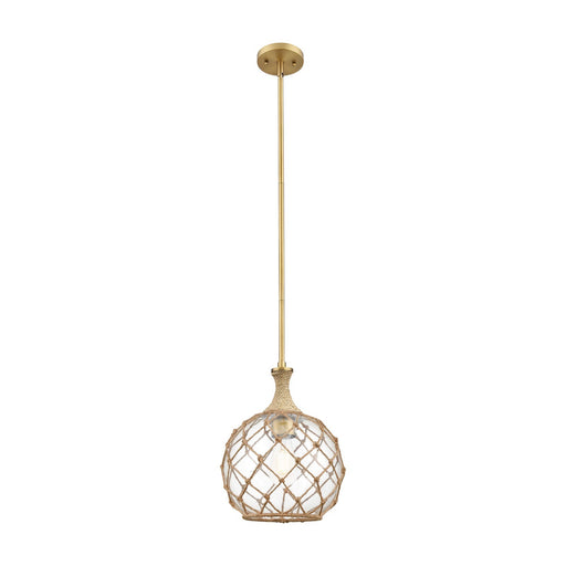 Innovations Astor 10in 1-Light Mini Pendant | Industrial Brushed Brass and Clear Glass with Brown Rope | Kitchen Island | Model 415-1SR-BB-G122-10RB