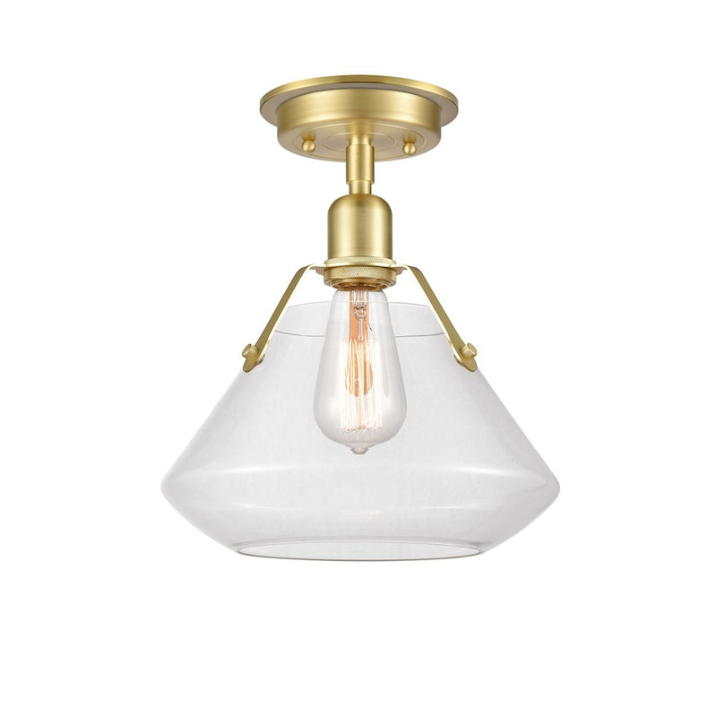 Innovations Luna 11in 1-Light Flush Mount | Retro Industrial Art Deco Satin Brass and Clear Glass | Bedroom & Hallway | Model 422-1F-SB-10CL