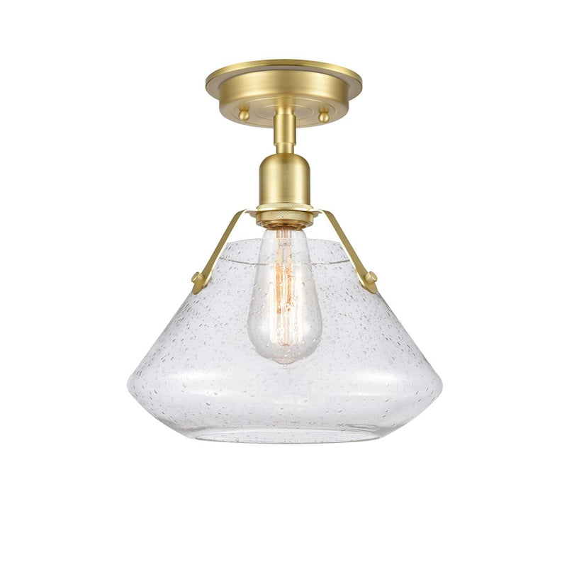 Innovations Luna 1-Light Flush Mount | Retro Industrial Satin Brass Cast Brass and Amber Seedy Glass | Bedroom & Hallway Ceiling | Model 422-1F-SB-10SDY