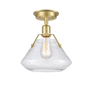 Innovations Luna 10.62in 1-Light LED Flush Mount | Retro Industrial Satin Brass and Seedy Glass | Hallway & Bathroom | Model 422-1F-SB-10SDY-LED