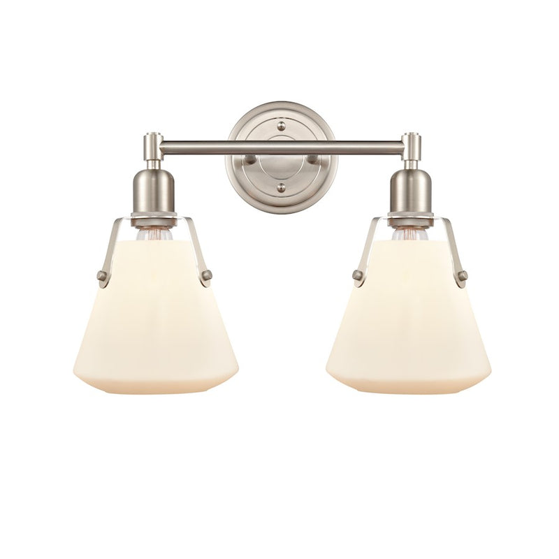 Innovations Luna 18in 2-Light LED Vanity | Retro Satin Nickel and White Cone Glass | Bathroom Vanity | 18 x 12.25 x 7.75 in | Model 422-2W-SN-7W-LED