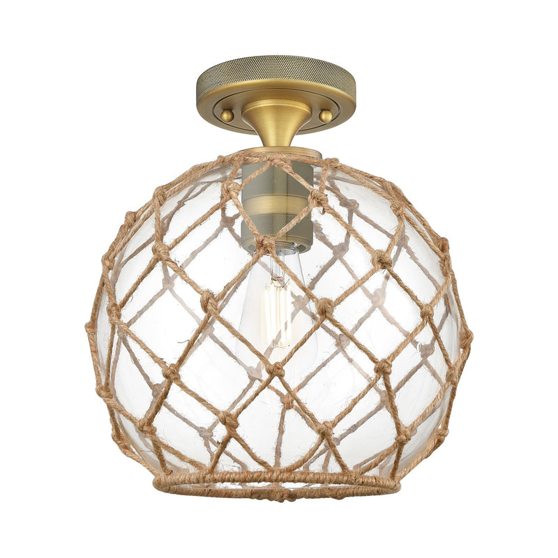 Innovations Farmhouse Rope 10in 1-Light Flush Mount | Industrial Brushed Brass and Clear Glass Brown Rope | Hallway | Model 434-1F-BB-G122-10RB