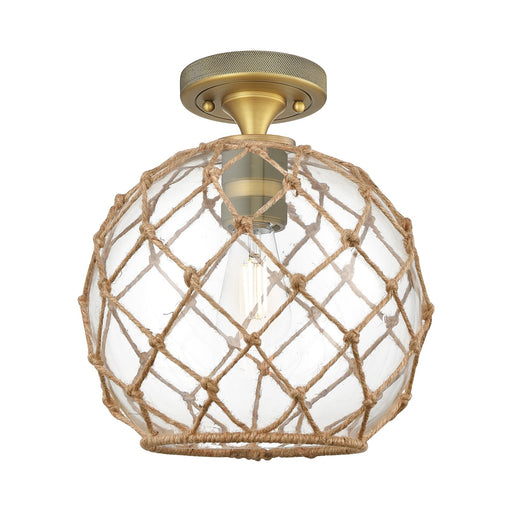 Innovations Farmhouse Rope 10in 1-Light Flush Mount | Industrial Brushed Brass and Clear Glass Brown Rope | Hallway | Model 434-1F-BB-G122-10RB