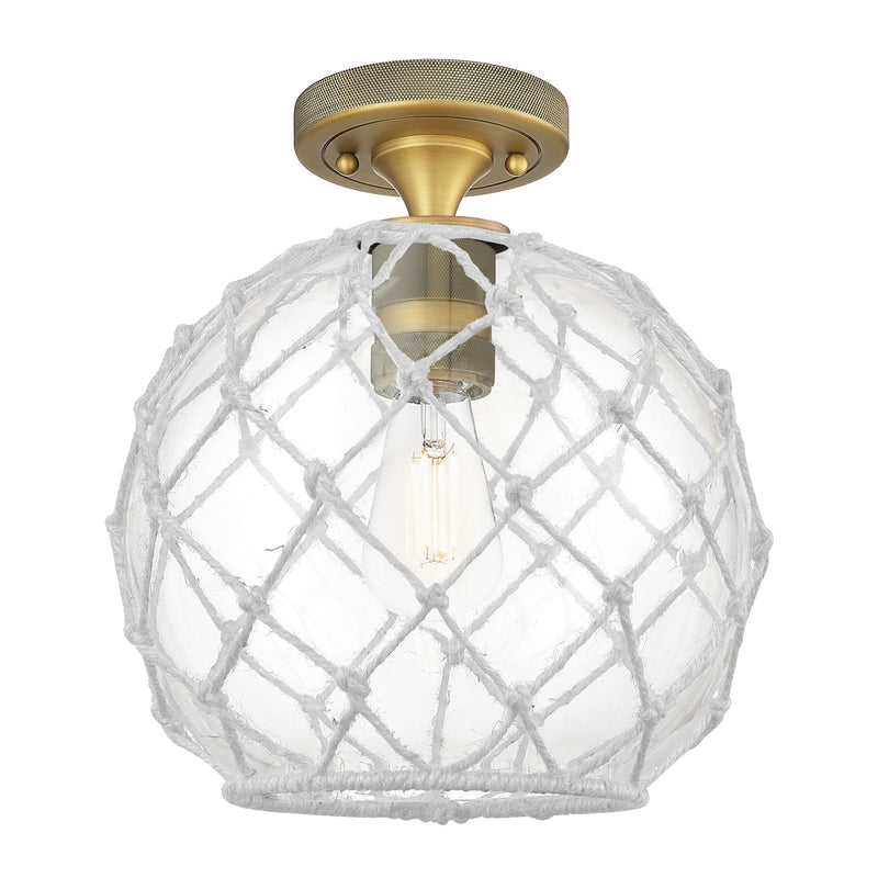 Innovations Farmhouse Rope 10in 1-Light Flush Mount | Industrial Brushed Brass and Clear Glass White Rope | Hallway | Model 434-1F-BB-G122-10RW