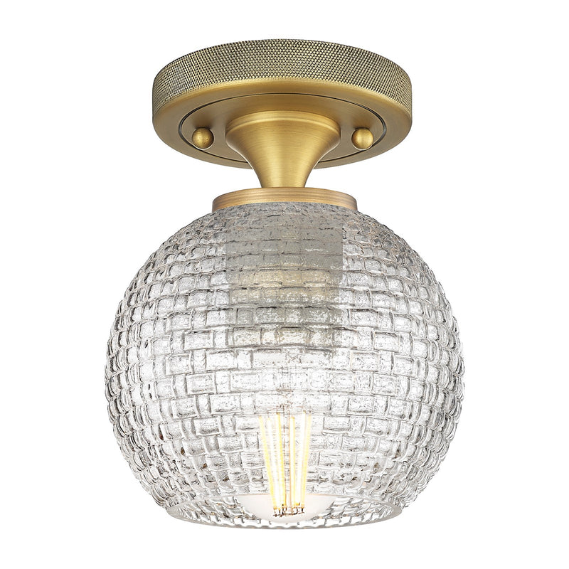 Innovations Athens 6in 1-Light Flush Mount | Industrial Brushed Brass and Clear Basket Weave Glass | Hallway & Bathroom | Model 434-1F-BB-G122C-6CL
