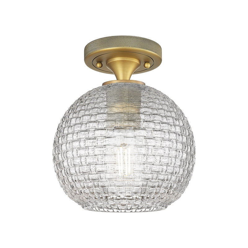Innovations Athens 8in 1-Light Flush Mount | Industrial Brushed Brass and Clear Basket Weave Glass | Entryway & Hallway | Model 434-1F-BB-G122C-8CL