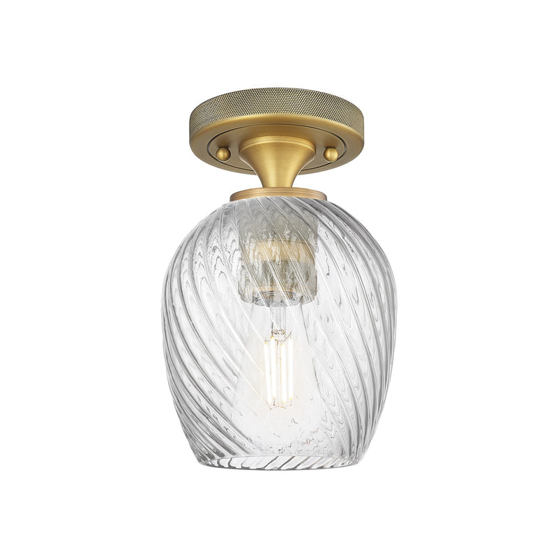 Innovations Salina 5.75in 1-Light Flush Mount | Industrial Brushed Brass and Clear Spiral Fluted Glass | Kitchen & Hallway | Model 434-1F-BB-G292
