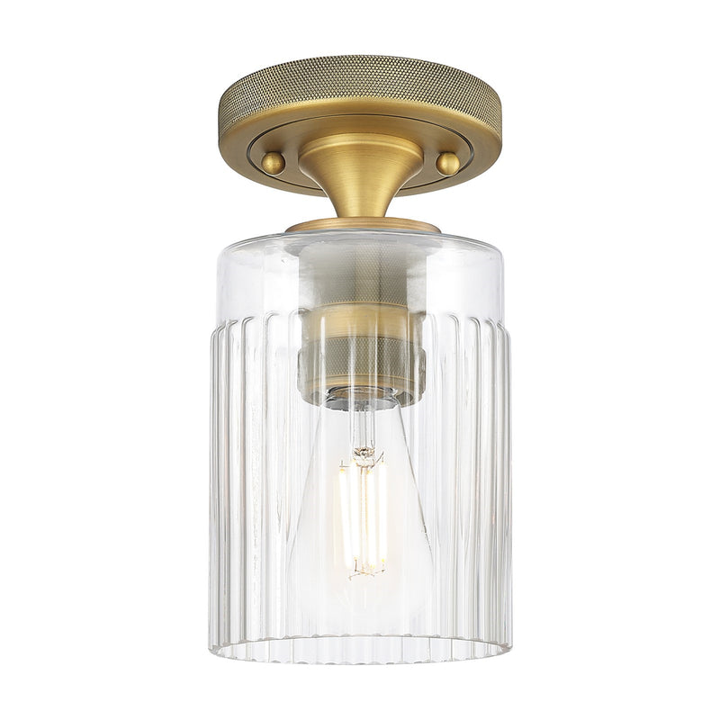 Innovations Hadley 4.5in 1-Light Flush Mount | Industrial Brushed Brass and Clear Ribbed Glass | Bathroom & Hallway | Model 434-1F-BB-G342