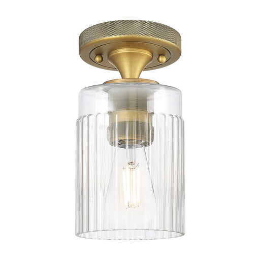 Innovations Hadley 4.5in 1-Light Flush Mount | Industrial Brushed Brass and Clear Ribbed Glass | Bathroom & Hallway | Model 434-1F-BB-G342