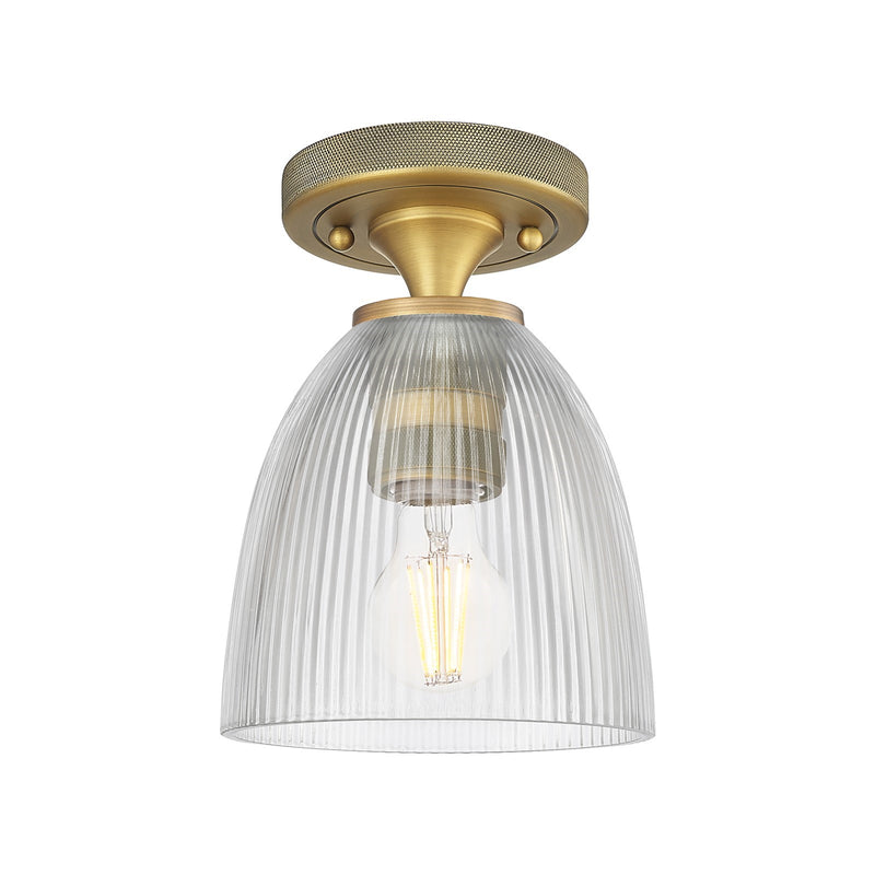 Innovations Castile 6in 1-Light Flush Mount | Industrial Brushed Brass and Clear Glass | Hallway & Bathroom | 6 x 6 x 8.5 in | Model 434-1F-BB-G382