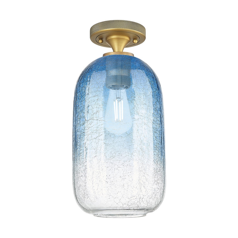 Innovations Brookhaven Cloche 7in 1-Light Flush Mount | Industrial Brushed Brass and Sapphire Blue Glass | Hallway | Model 434-1F-BB-G482-7SB