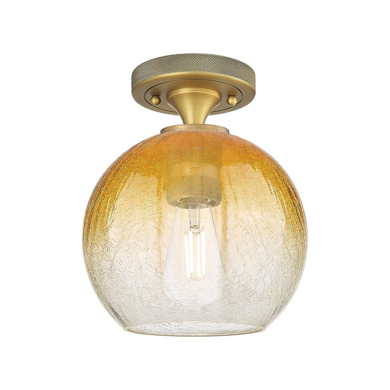 Innovations Brookhaven Globe 8in 1-Light Flush Mount | Industrial Brushed Brass and Amber Glass | Hallway & Bathroom | Model 434-1F-BB-G483-8AM