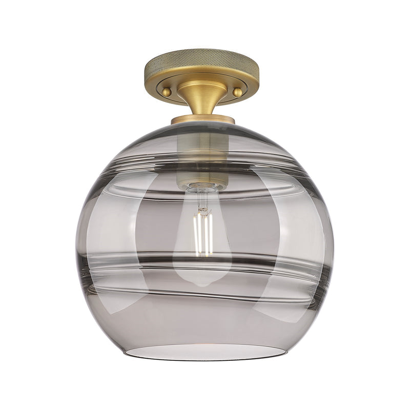 Innovations Rochester 10in 1-Light Flush Mount | Industrial Brushed Brass and Light Smoke Glass | Hallway & Bedroom | Model 434-1F-BB-G556-10SM