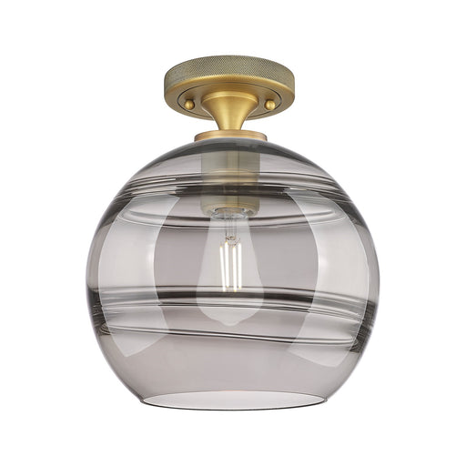 Innovations Rochester 10in 1-Light Flush Mount | Industrial Brushed Brass and Light Smoke Glass | Hallway & Bedroom | Model 434-1F-BB-G556-10SM