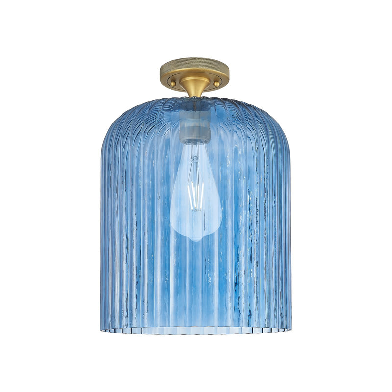 Innovations Crown Point 12in 1-Light Flush Mount | Industrial Brushed Brass and Princess Blue Glass | Hallway & Bathroom | Model 434-1F-BB-G559-12BL
