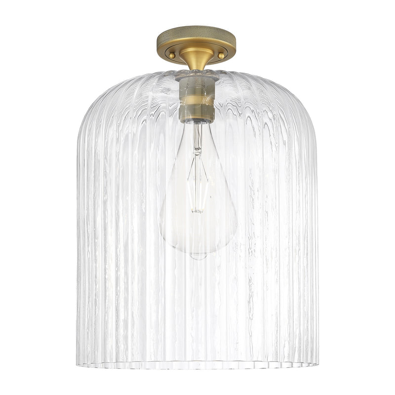 Innovations Crown Point 12in 1-Light Flush Mount | Industrial Brushed Brass and Clear Ribbed Glass | Hallway & Bedroom | Model 434-1F-BB-G559-12CL
