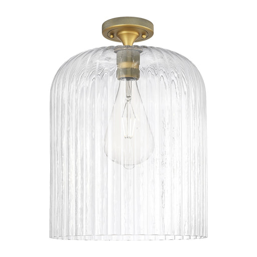 Innovations Crown Point 12in 1-Light Flush Mount | Industrial Brushed Brass and Clear Ribbed Glass | Hallway & Bedroom | Model 434-1F-BB-G559-12CL