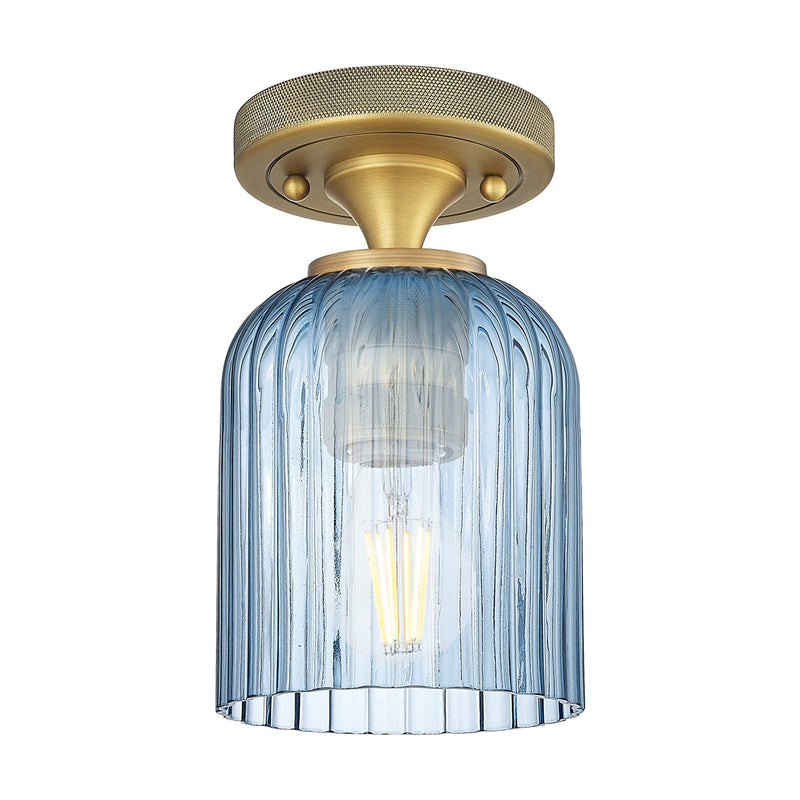 Innovations Crown Point 5in 1-Light Flush Mount | Industrial Brushed Brass and Princess Blue Glass | Hallway & Bedroom | Model 434-1F-BB-G559-5BL