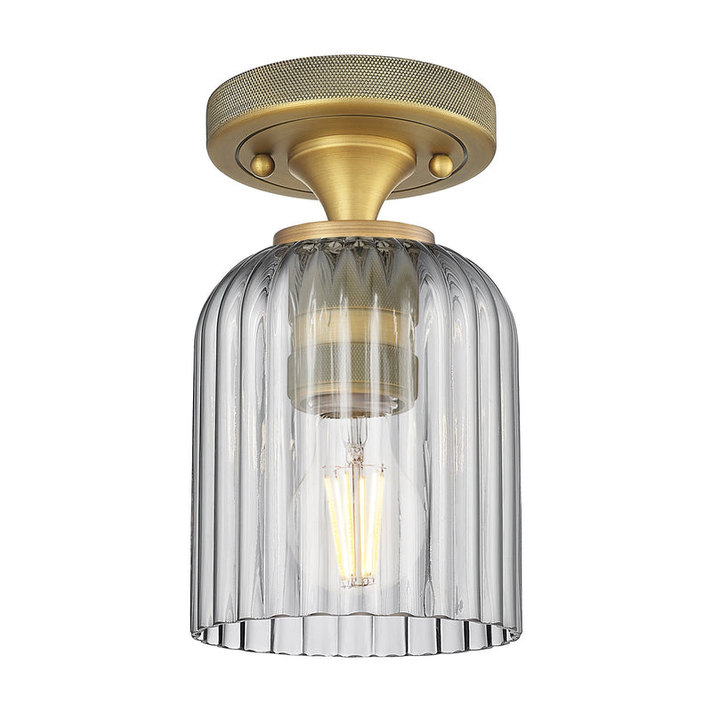 Innovations Crown Point 5in 1-Light Flush Mount | Industrial Brushed Brass and Light Smoke Glass | Hallway & Bedroom | Model 434-1F-BB-G559-5SM