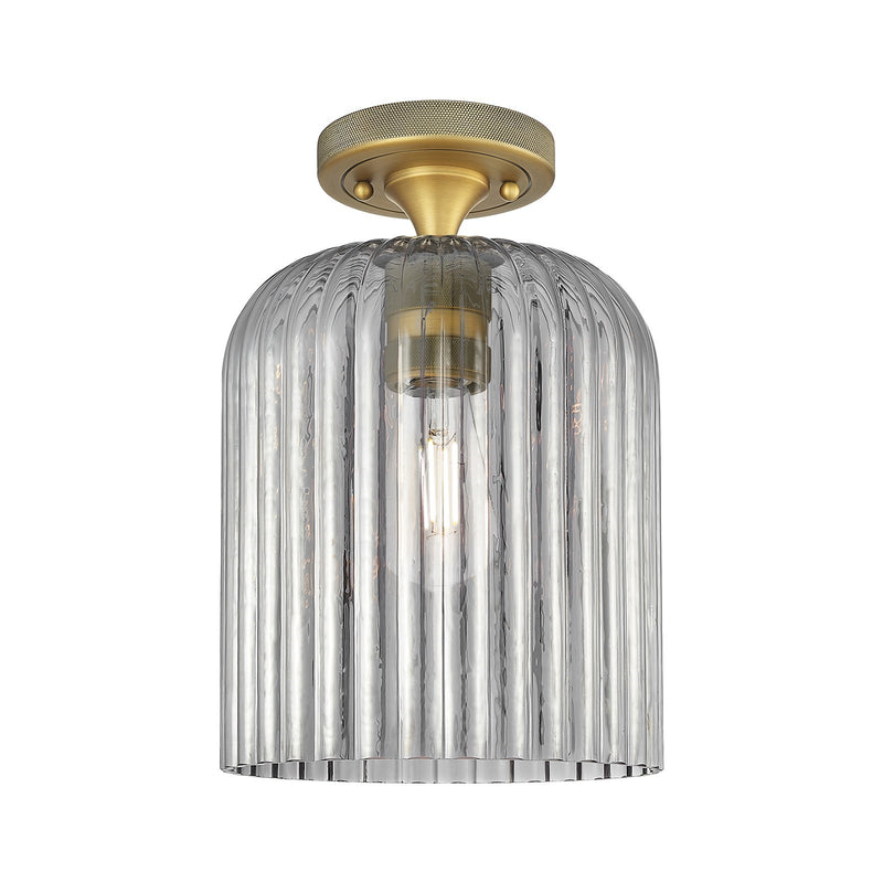 Innovations Crown Point 8in 1-Light Flush Mount | Industrial Brushed Brass and Light Smoke Glass | Bathroom & Hallway | Model 434-1F-BB-G559-8SM