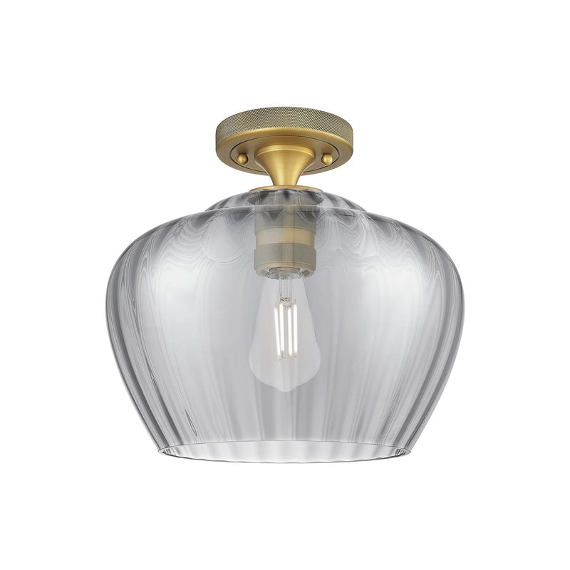 Innovations Fenton 11in 1-Light Flush Mount | Industrial Brushed Brass and Light Smoke Ribbed Glass | Hallway & Bedroom | Model 434-1F-BB-G93-L