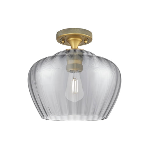 Innovations Fenton 11in 1-Light Flush Mount | Industrial Brushed Brass and Light Smoke Ribbed Glass | Hallway & Bedroom | Model 434-1F-BB-G93-L