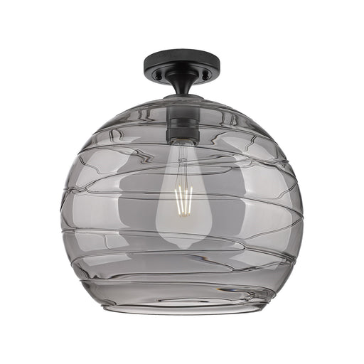 Innovations Athens Deco Swirl 14in 1-Light Flush Mount | Industrial Matte Black and Light Smoke Glass | Hallway | Model 434-1F-BK-G1213-14SM