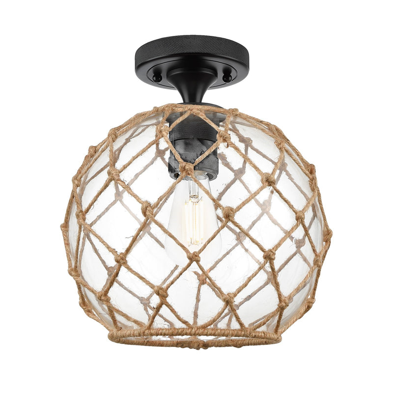 Innovations Farmhouse Rope 10in 1-Light Flush Mount | Industrial Matte Black and Clear Glass Brown Rope | Hallway | Model 434-1F-BK-G122-10RB