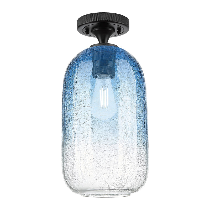 Innovations Brookhaven Cloche 7in 1-Light Flush Mount | Industrial Matte Black and Sapphire Blue Glass | Hallway & Bedroom | Model 434-1F-BK-G482-7SB