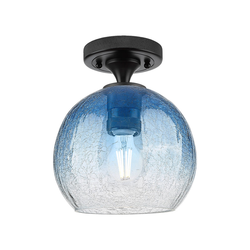 Innovations Brookhaven Globe 8in 1-Light Flush Mount | Industrial Matte Black and Sapphire Blue Glass | Hallway & Bedroom | Model 434-1F-BK-G483-8SB