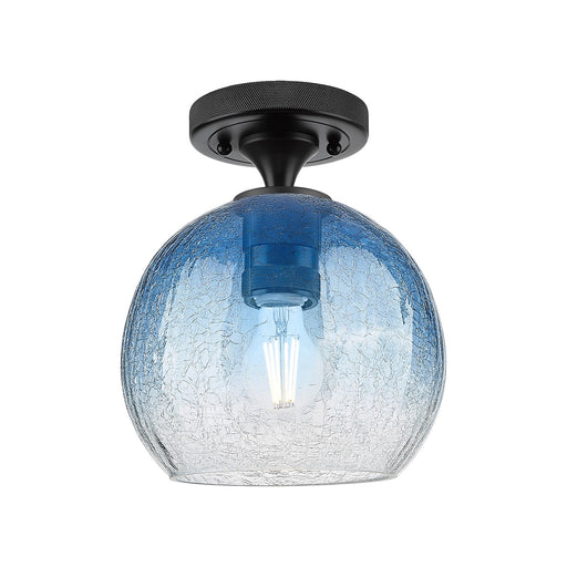 Innovations Brookhaven Globe 8in 1-Light Flush Mount | Industrial Matte Black and Sapphire Blue Glass | Hallway & Bedroom | Model 434-1F-BK-G483-8SB