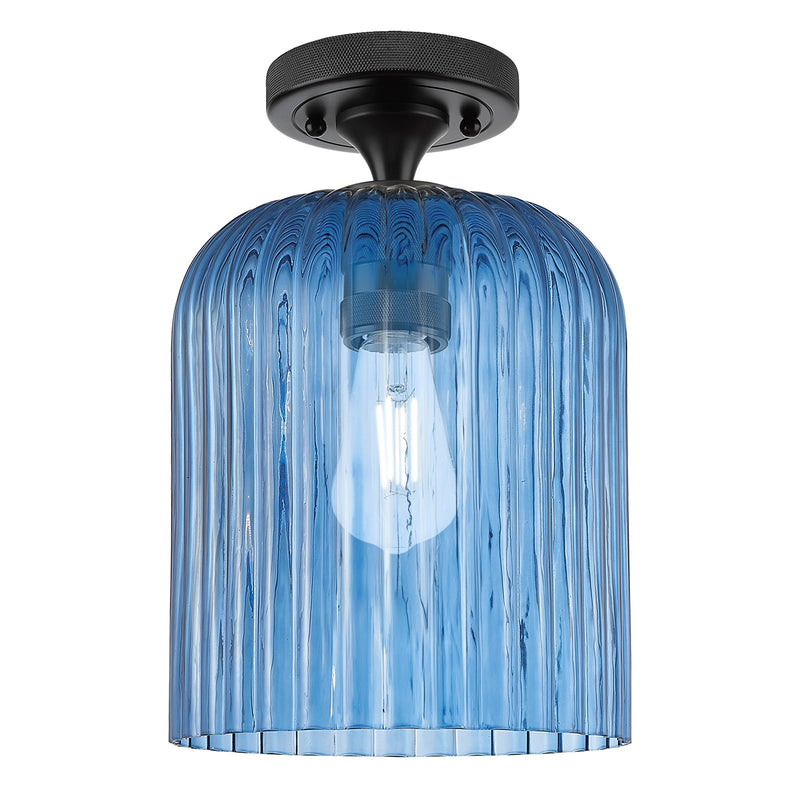 Innovations Crown Point 8in 1-Light Flush Mount | Industrial Matte Black and Princess Blue Glass | Hallway & Bedroom | Model 434-1F-BK-G559-8BL
