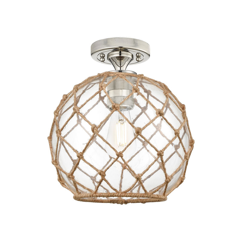 Innovations Farmhouse Rope 10in 1-Light Flush Mount | Industrial Polished Nickel and Clear Glass with Brown Rope | Model 434-1F-PN-G122-10RB