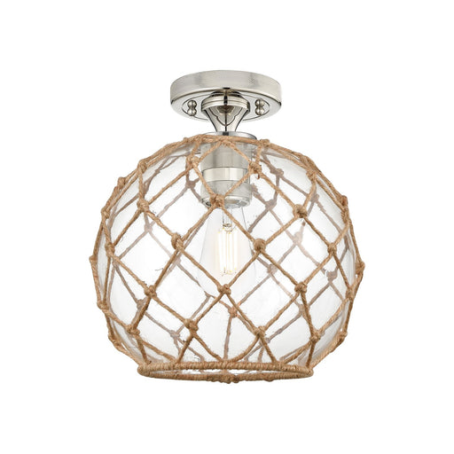 Innovations Farmhouse Rope 10in 1-Light Flush Mount | Industrial Polished Nickel and Clear Glass with Brown Rope | Model 434-1F-PN-G122-10RB