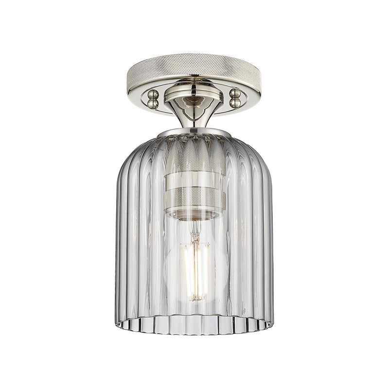 Innovations Crown Point 5in 1-Light Flush Mount | Industrial Polished Nickel and Light Smoke Glass | Bathroom & Hallway | Model 434-1F-PN-G559-5SM