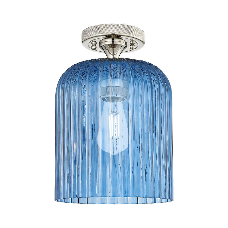 Innovations Crown Point 8in 1-Light Flush Mount | Industrial Polished Nickel and Princess Blue Glass | Hallway & Bathroom | Model 434-1F-PN-G559-8BL