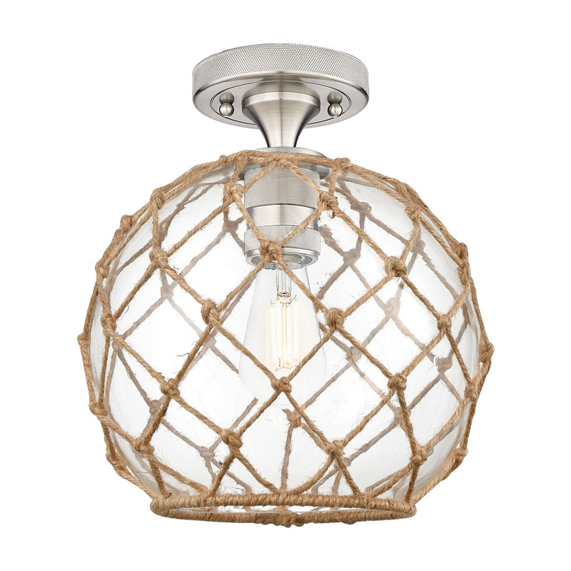 Innovations Farmhouse Rope 10in 1-Light Flush Mount | Industrial Satin Nickel and Clear Glass Brown Rope | Hallway | Model 434-1F-SN-G122-10RB