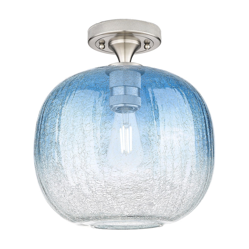 Innovations Brookhaven Sphere 10.5in 1-Light Flush Mount | Industrial Satin Nickel and Sapphire Blue Glass | Hallway | Model 434-1F-SN-G481-10SB