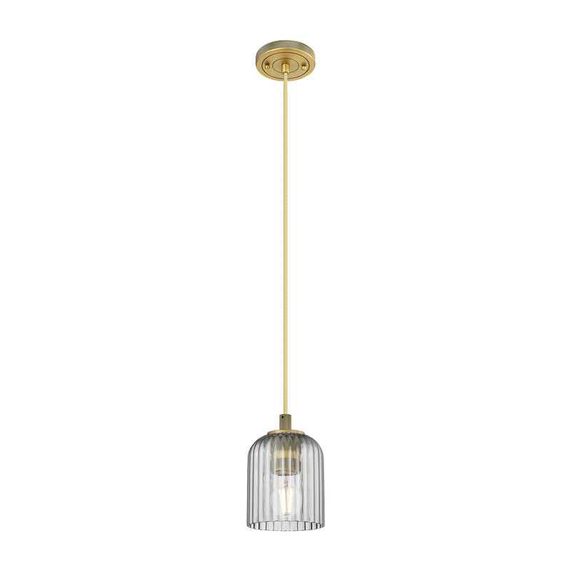 Innovations Crown Point 5in 1-Light Pendant | Industrial Brushed Brass and Light Smoke Glass | Kitchen Island & Dining | Model 434-1P-BB-G559-5SM
