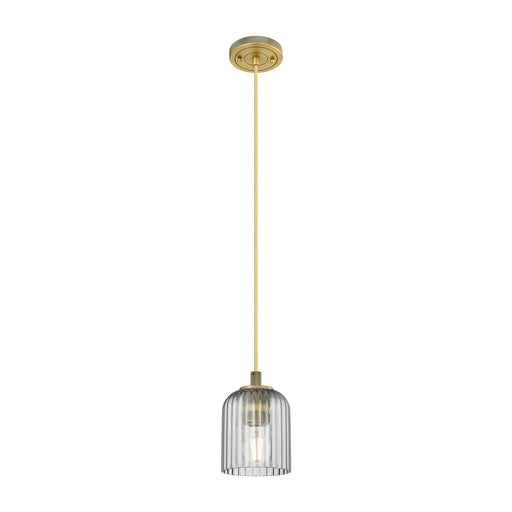 Innovations Crown Point 5in 1-Light Pendant | Industrial Brushed Brass and Light Smoke Glass | Kitchen Island & Dining | Model 434-1P-BB-G559-5SM